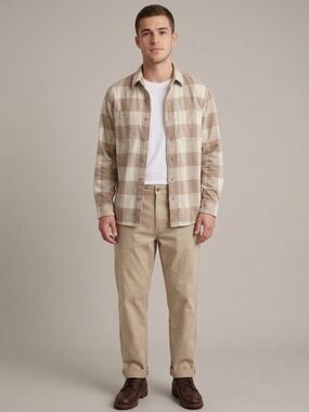 UNIQLO Plaid Overshirt Men Tan Beige Shirt Cotton Button Up Top Jacket Size S